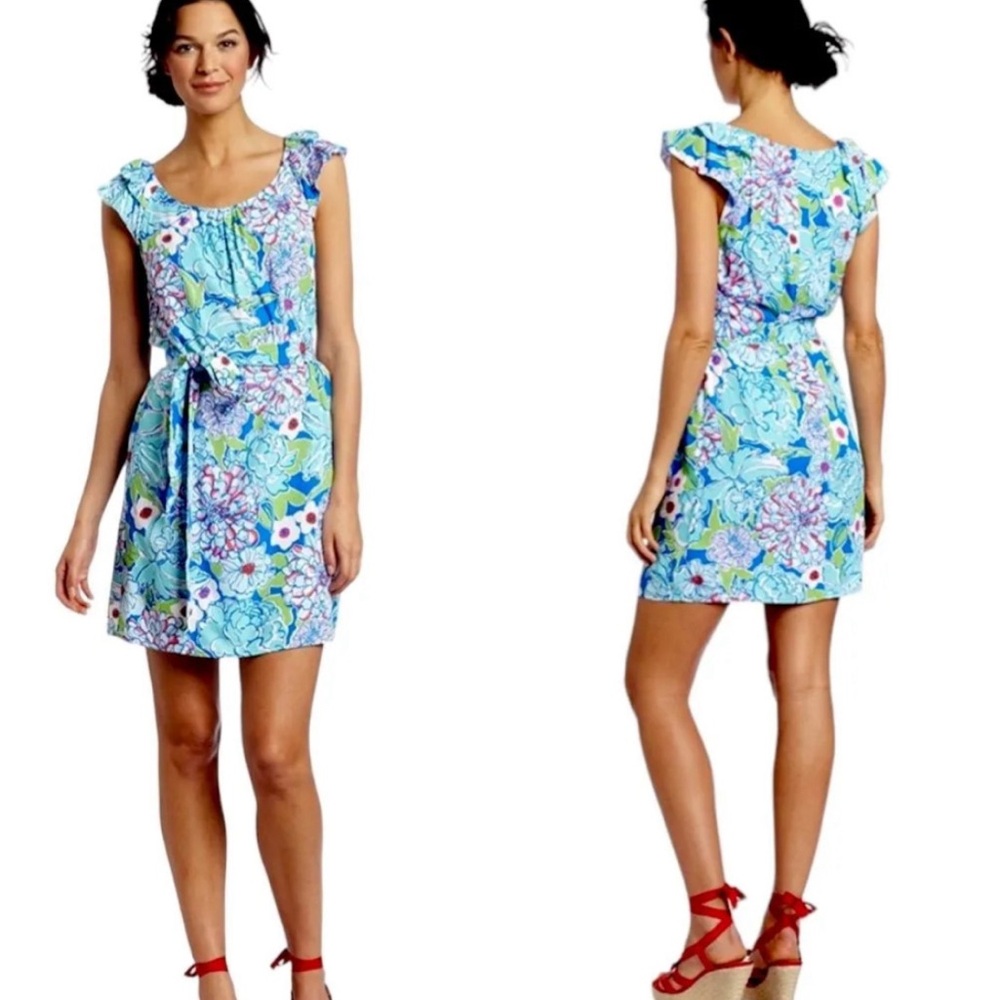 Lilly Pulitzer Maya Worth Blue May Flowers Floral Print Tie Waist Dress Size XS